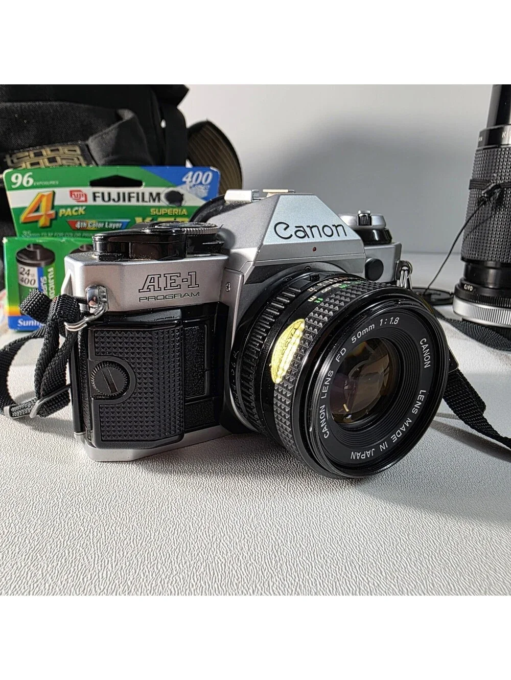 VINTAGE Canon AE-1 Program 35mm SLR Film Camera with 50mm Lens BUNDLE Working